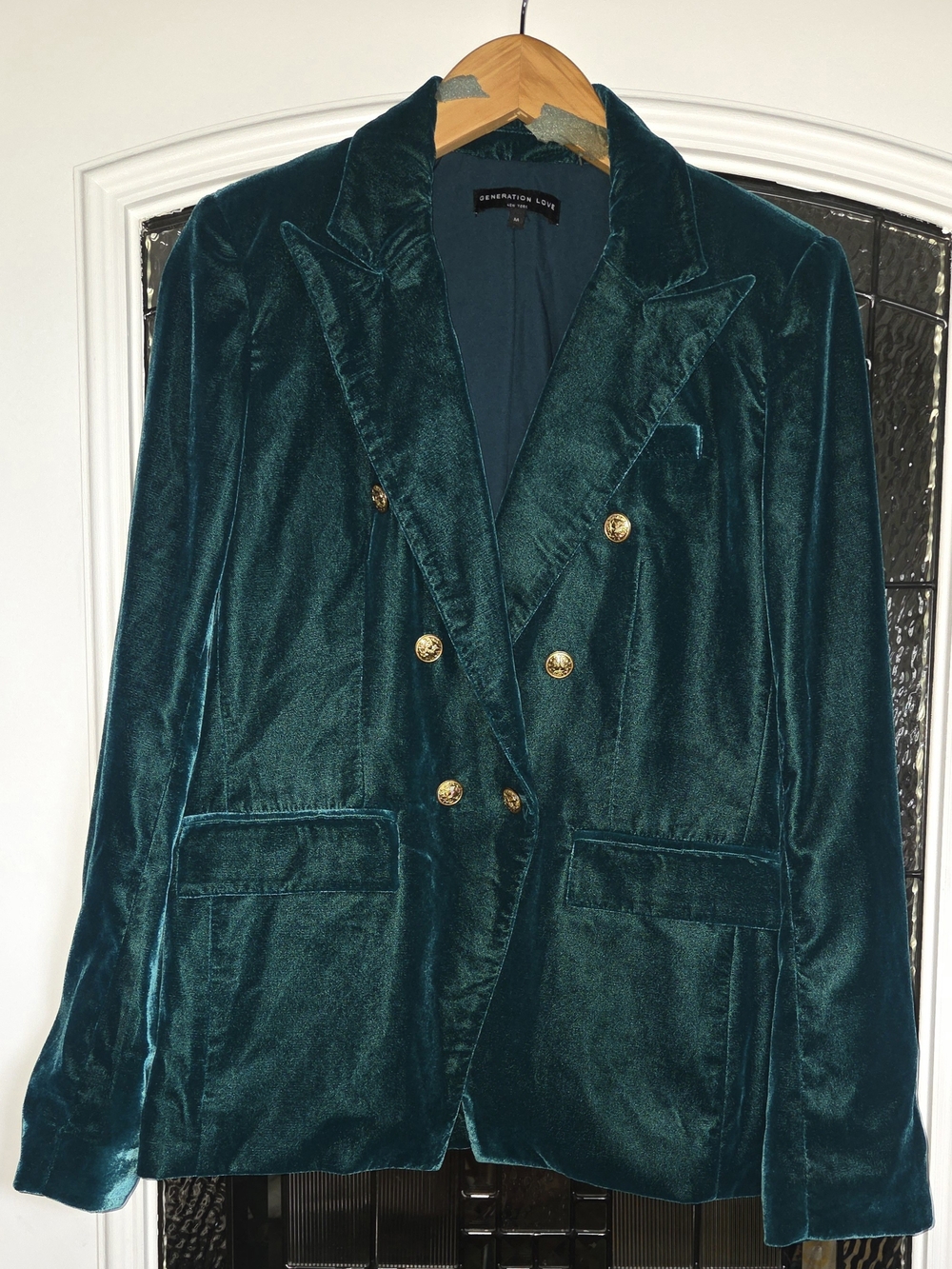 Generation Love Emerald Green Velvet-Look Double-Breasted Blazer, Size M
